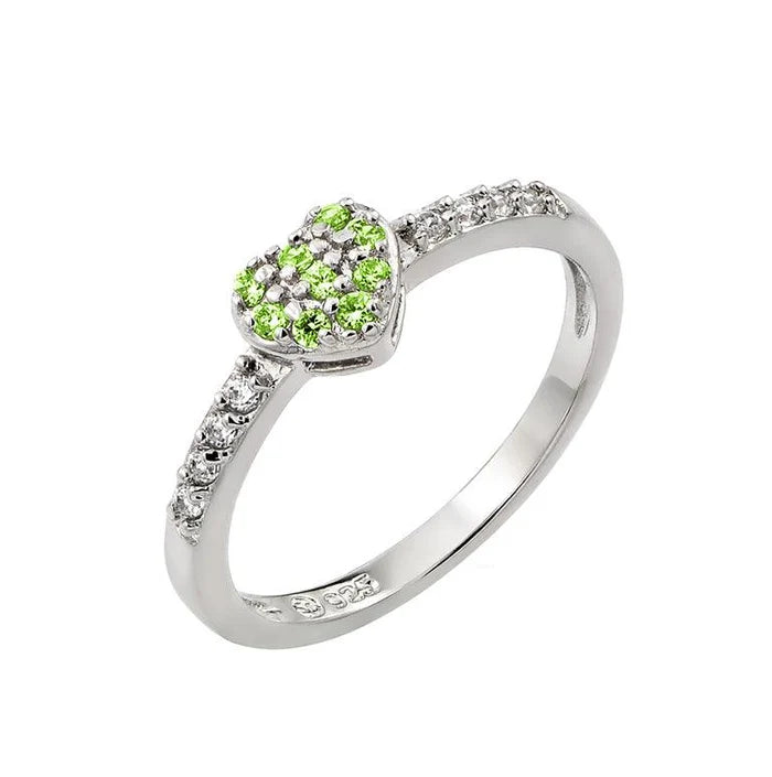 925 Sterling Silver Rhodium Plated Clear Inlay CZ August Birthstone Heart Ring