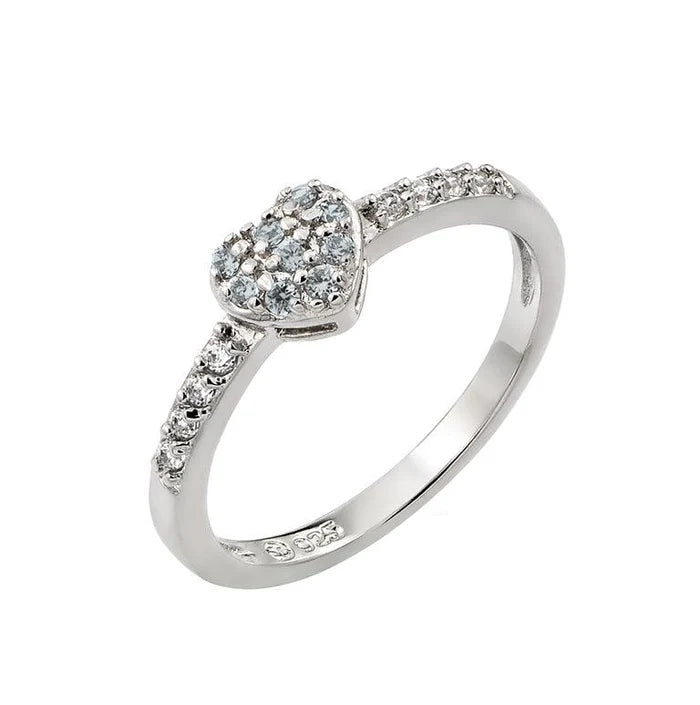 925 Sterling Silver Rhodium Plated Clear Inlay CZ March Birthstone Heart Ring