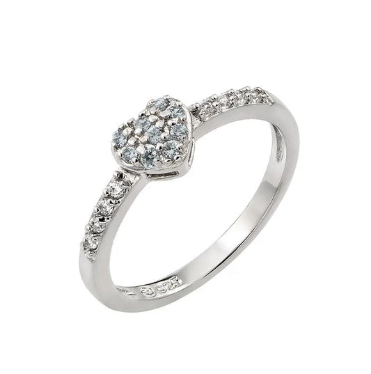 925 Sterling Silver Rhodium Plated Clear Inlay CZ March Birthstone Heart Ring