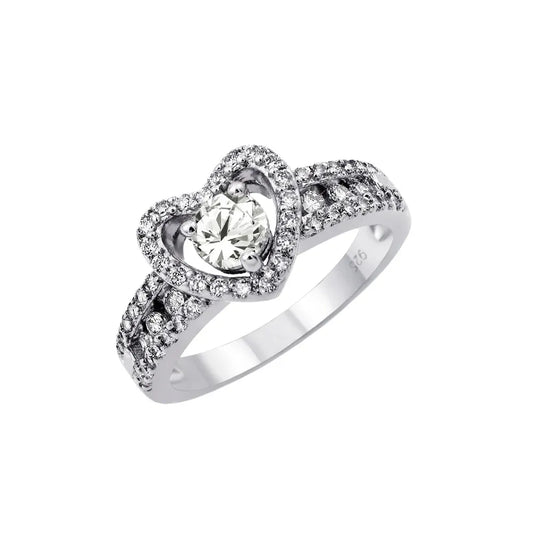 925 Sterling Silver Rhodium Plated Clear Round Center CZ Heart Ring