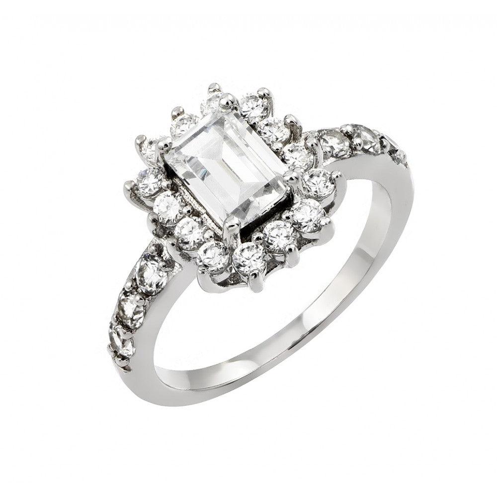 925 Silver Rhodium Plated Clear Cluster and Square Center CZ Engagement Ring