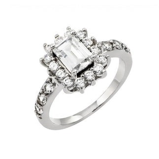 925 Silver Rhodium Plated Clear Cluster and Square Center CZ Engagement Ring