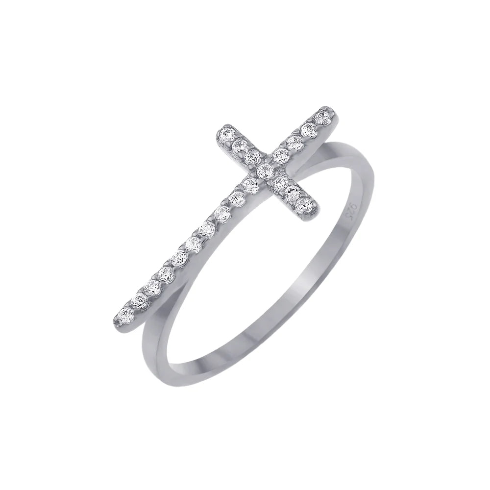 925 Silver Rhodium Plated Clear CZ Cross Ring