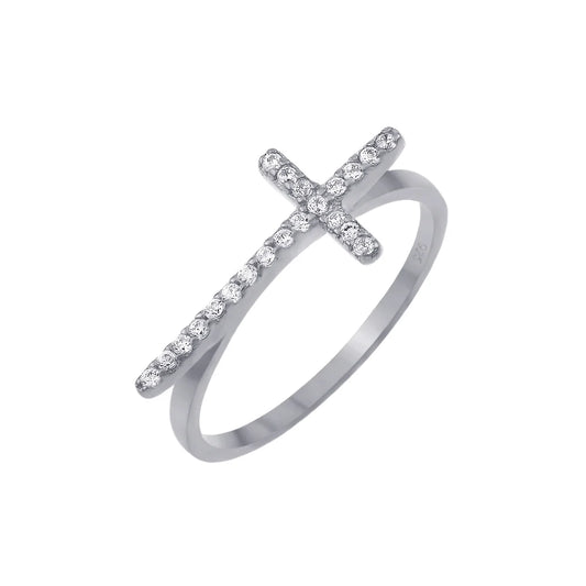 925 Silver Rhodium Plated Clear CZ Cross Ring