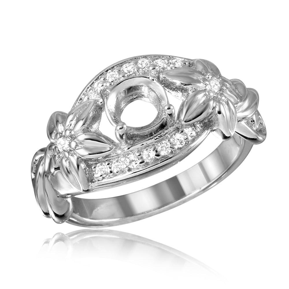 925 Silver Rhodium Plated Flower Shank Single Stone Mounting Ring