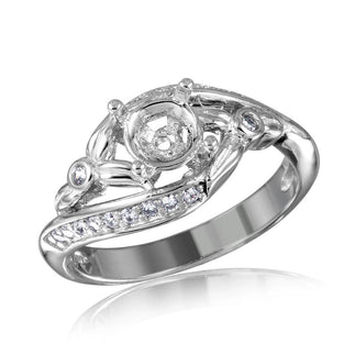925 Silver Rhodium Plated Overlap CZ Flower Design Mounting Ring
