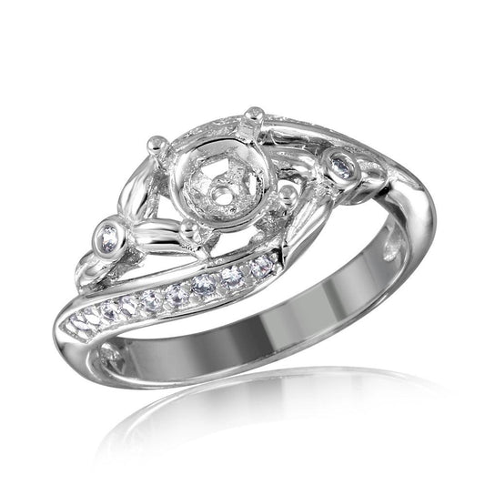 925 Silver Rhodium Plated Overlap CZ Flower Design Mounting Ring