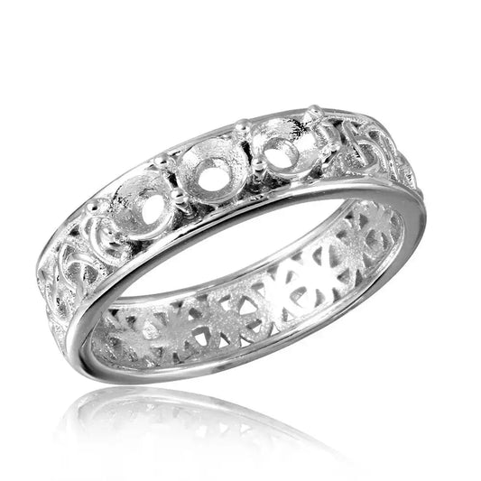 925 Sterling Silver Rhodium Plated Celtic Designed Band 3 Stones Mounting Ring