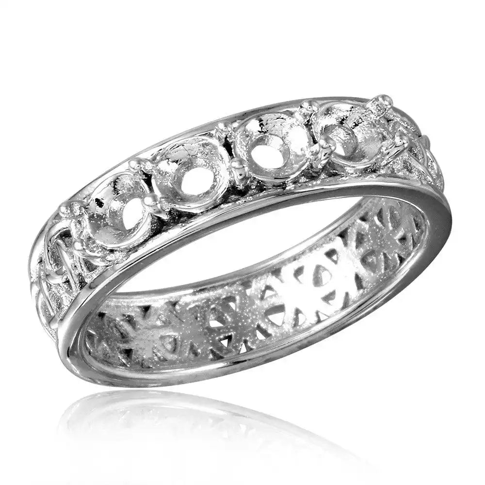925 Sterling Silver Rhodium Plated Celtic Designed Band 4 Stones Mounting Ring