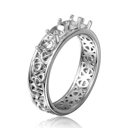 925 Sterling Silver Rhodium Plated Celtic Designed Band 4 Stones Mounting Ring