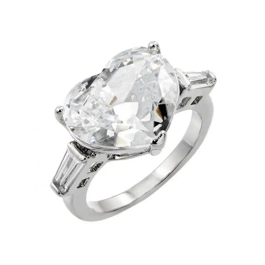 925 Sterling Silver Rhodium Plated Larger Clear CZ Heart Ring