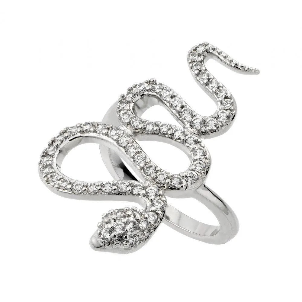 925 Sterling Silver Rhodium Plated Clear CZ Snake Ring