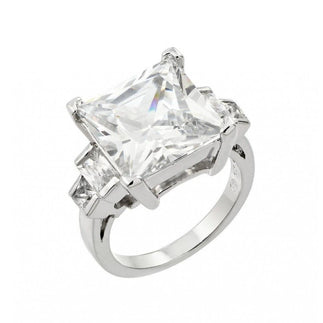 925 Silver Rhodium Plated Large Clear Square CZ Ring