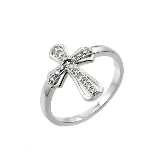 925 Sterling Silver Rhodium Plated Clear CZ Cross Ring
