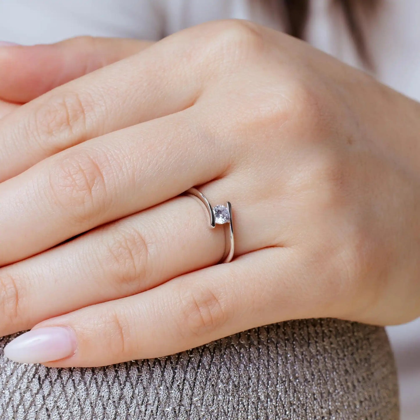 925 Sterling Silver Rhodium Plated Single CZ Plain Ring