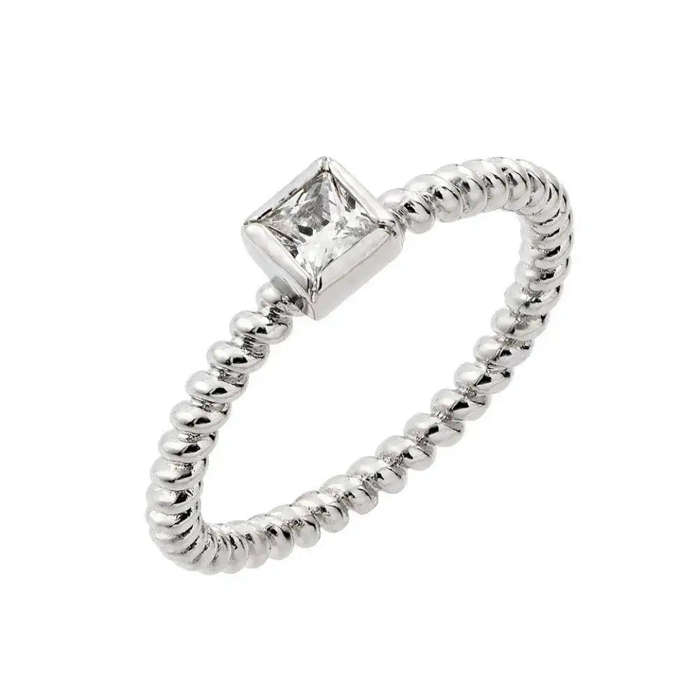 925 Sterling Silver Rhodium Plated Clear Square Center CZ Bead Ring