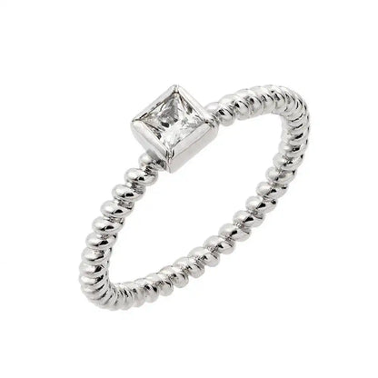 925 Sterling Silver Rhodium Plated Clear Square Center CZ Bead Ring