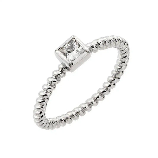 925 Sterling Silver Rhodium Plated Clear Square Center CZ Bead Ring