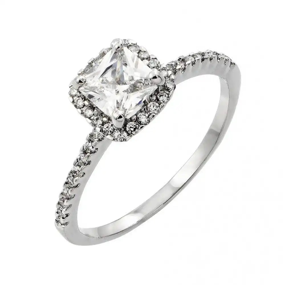 925 Sterling Silver Rhodium Plated Clear CZ Square Ring