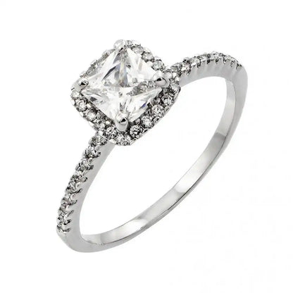 925 Sterling Silver Rhodium Plated Clear CZ Square Ring