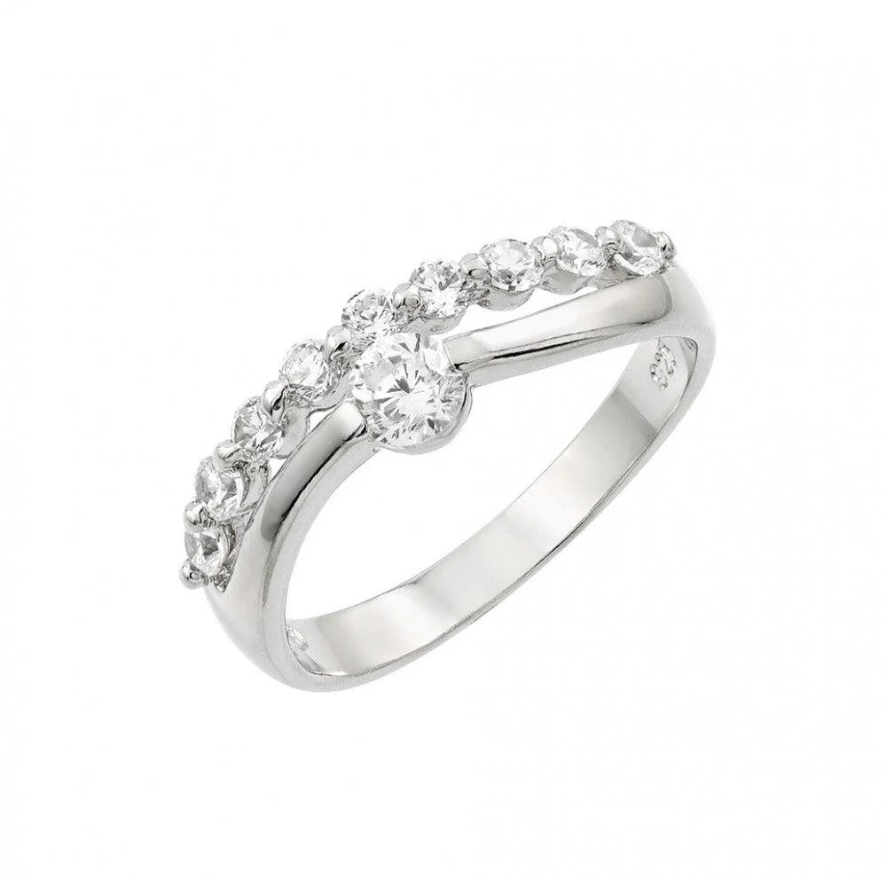 925 Silver Rhodium Plated Round Clear CZ 2 Row Ring