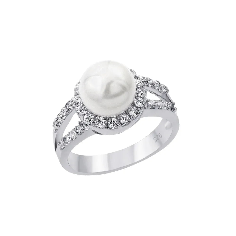 925 Sterling Silver Rhodium Plated Clear Cluster CZ Synthetic Pearl Ring