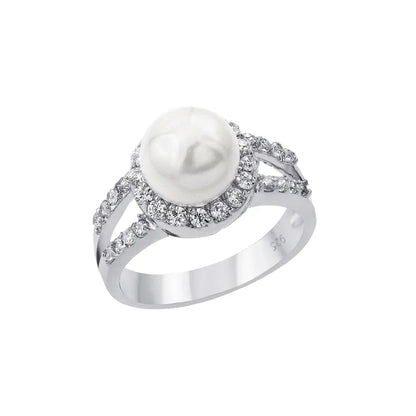 925 Sterling Silver Rhodium Plated Clear Cluster CZ Synthetic Pearl Ring