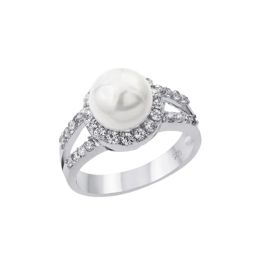 925 Sterling Silver Rhodium Plated Clear Cluster CZ Synthetic Pearl Ring