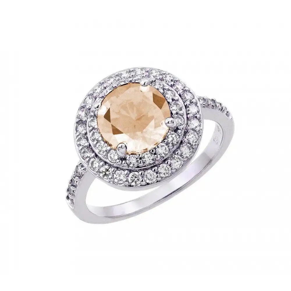 925 Sterling Silver Rhodium Plated Champagne Center and Clear Cluster CZ Ring