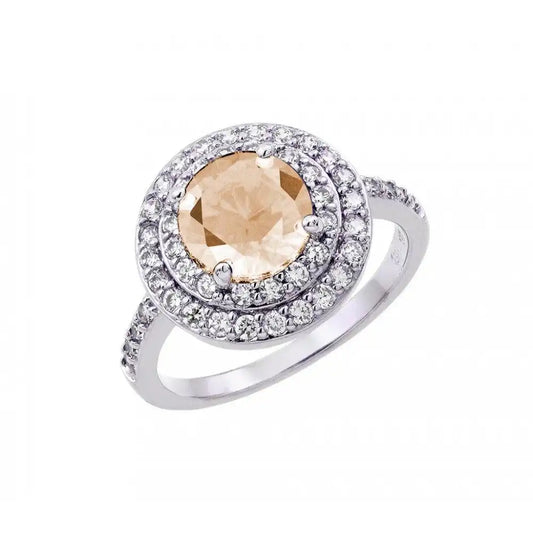 925 Sterling Silver Rhodium Plated Champagne Center and Clear Cluster CZ Ring