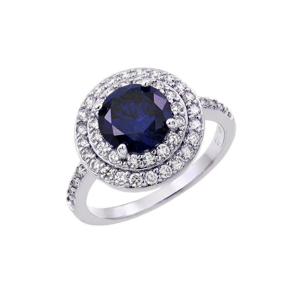 925 Silver Rhodium Plated Blue Center and Clear Cluster CZ Ring