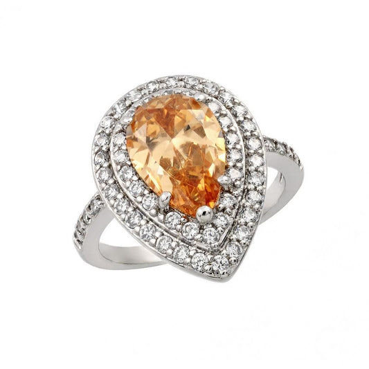 925 Silver Rhodium Plated Champagne and Clear Cluster CZ Teardrop Ring