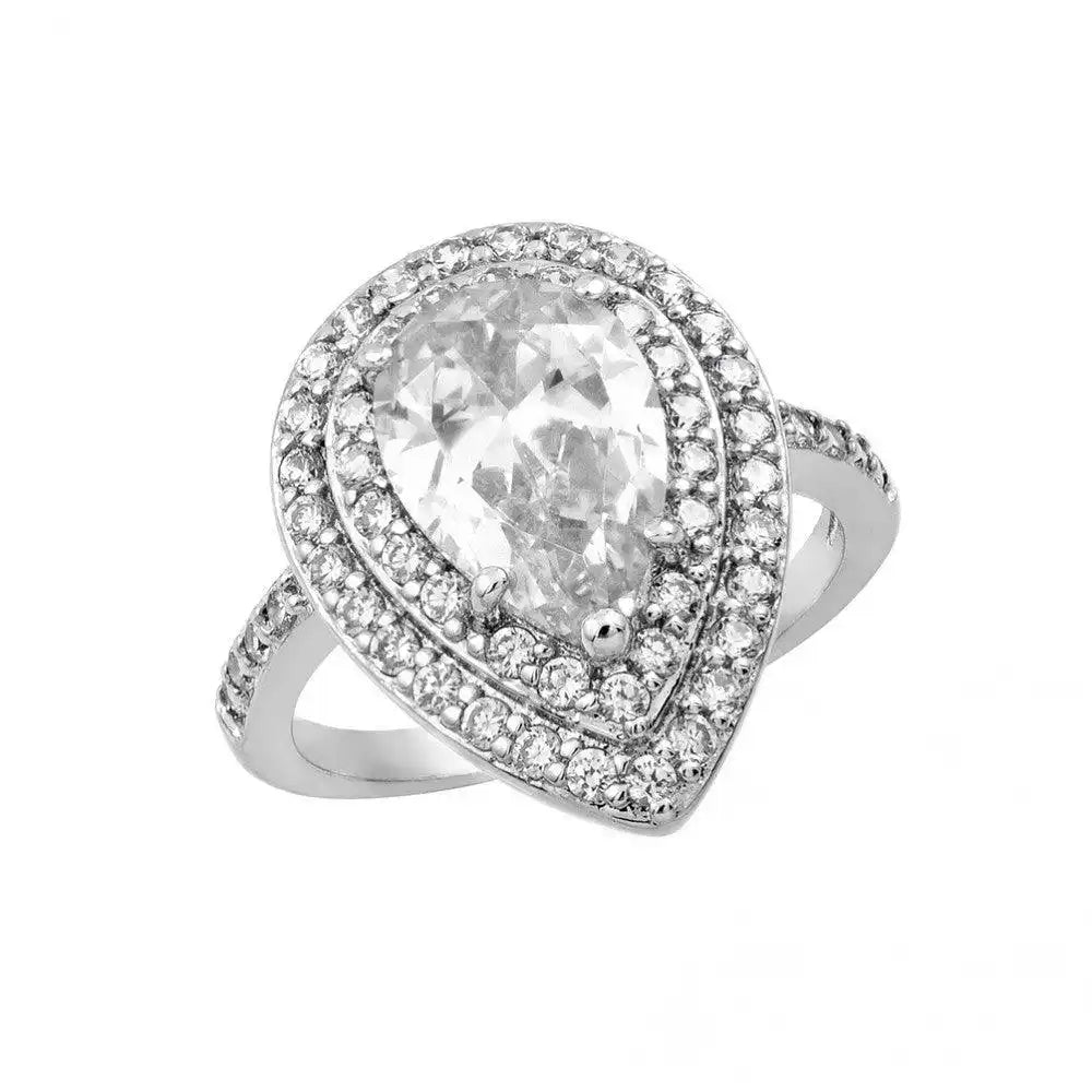 925 Sterling Silver Rhodium Plated Clear Center and Cluster CZ Teardrop Ring