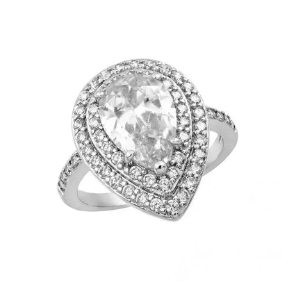 925 Sterling Silver Rhodium Plated Clear Center and Cluster CZ Teardrop Ring
