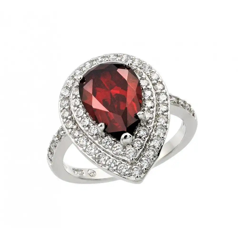 925 Sterling Silver Rhodium Plated Red Center and Clear Cluster CZ Teardrop Ring