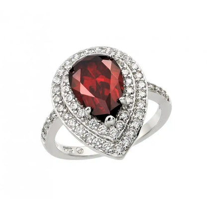 925 Sterling Silver Rhodium Plated Red Center and Clear Cluster CZ Teardrop Ring