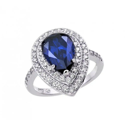 925 Sterling Silver Rhodium Plated Blue Center and Clear Cluster CZ Teardrop Ring