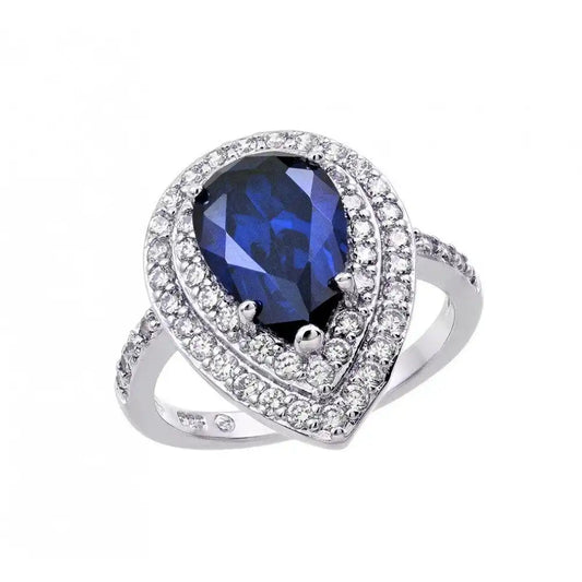 925 Sterling Silver Rhodium Plated Blue Center and Clear Cluster CZ Teardrop Ring