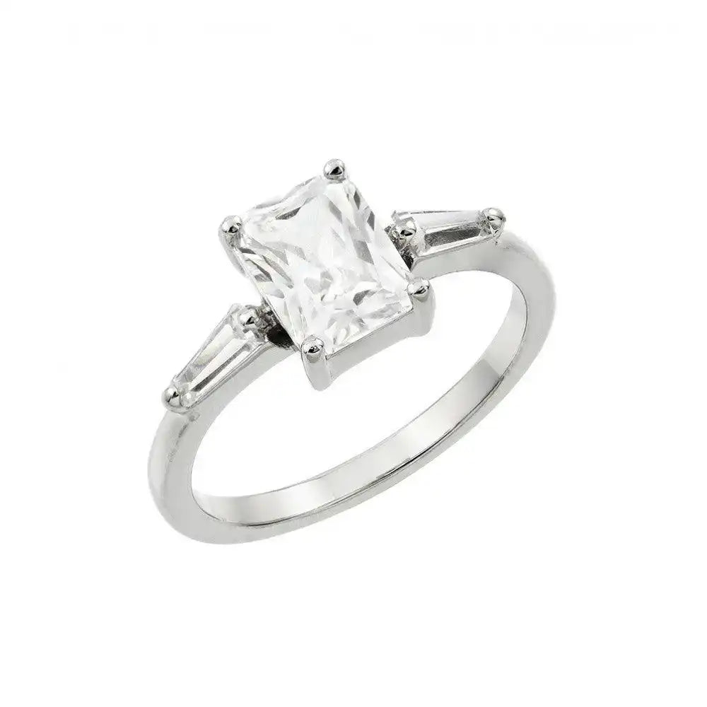 925 Sterling Silver Rhodium Plated Clear Rectangular Center CZ Ring