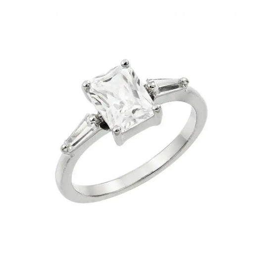 925 Sterling Silver Rhodium Plated Clear Rectangular Center CZ Ring