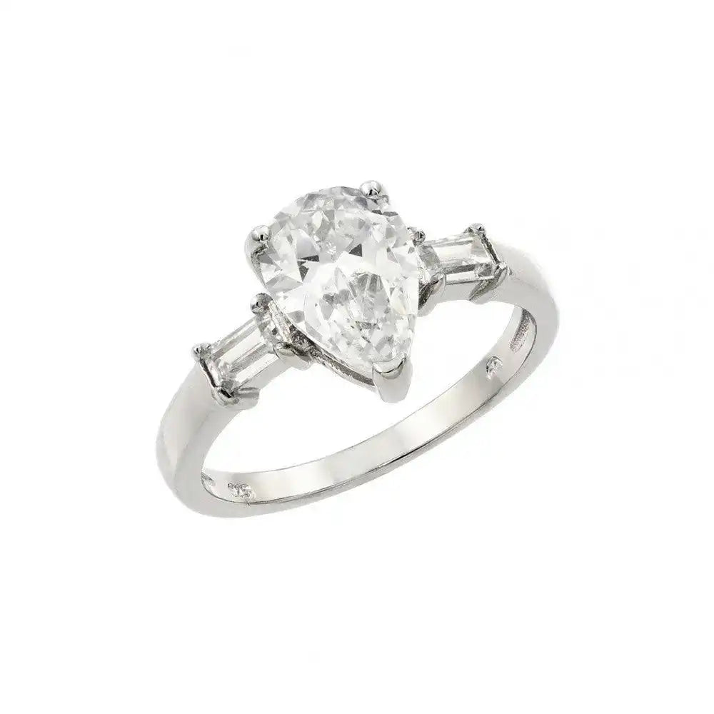 925 Sterling Silver Rhodium Plated Clear Teardrop CZ Ring