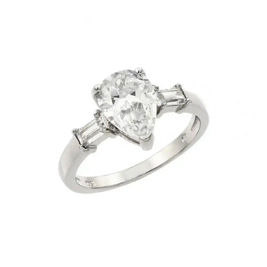925 Sterling Silver Rhodium Plated Clear Teardrop CZ Ring
