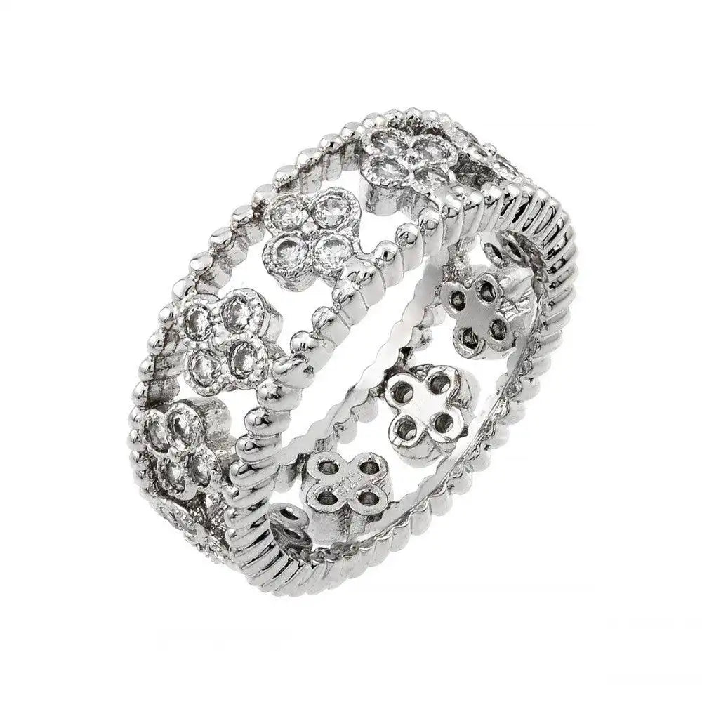 925 Sterling Silver Rhodium Plated Eternity Rope 4 CZ Cluster Ring