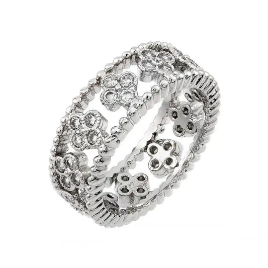 925 Sterling Silver Rhodium Plated Eternity Rope 4 CZ Cluster Ring