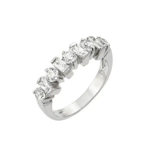 925 Sterling Silver Rhodium Plated Clear Round and Baguette CZ Half Row Ring