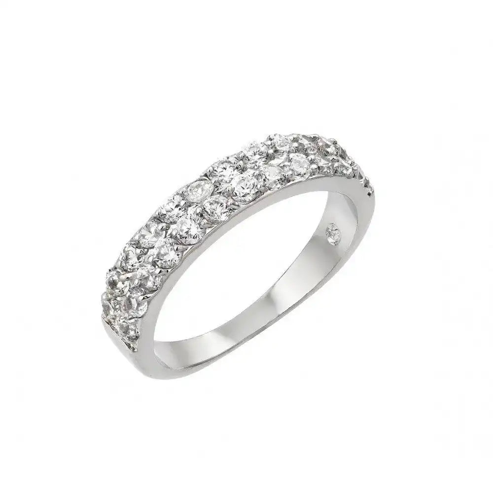 925 Sterling Silver Rhodium Plated Clear Inlay CZ 2 Row Half Ring