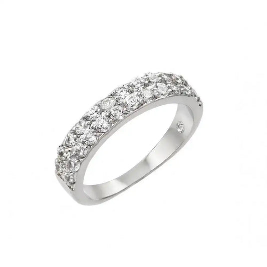 925 Sterling Silver Rhodium Plated Clear Inlay CZ 2 Row Half Ring