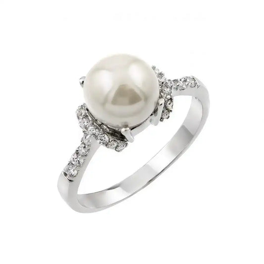 925 Sterling Silver Rhodium Plated Synthetic Pearl Cluster Ring