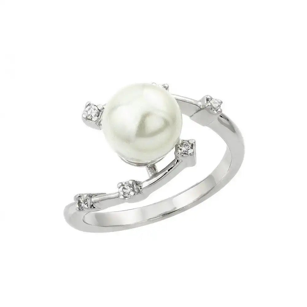 925 Sterling Silver Rhodium Plated Clear CZ Synthetic Pearl Curve Ring