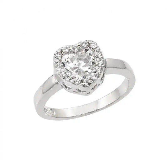 925 Sterling Silver Rhodium Plated Clear CZ Heart Ring